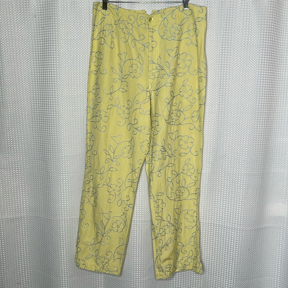 Debra deRoo Embroidered Pants Silk Linen Blend High Rise Vacation Sz M